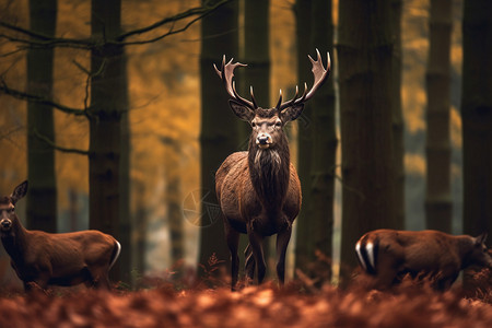 秋天森林中的鹿群背景图片