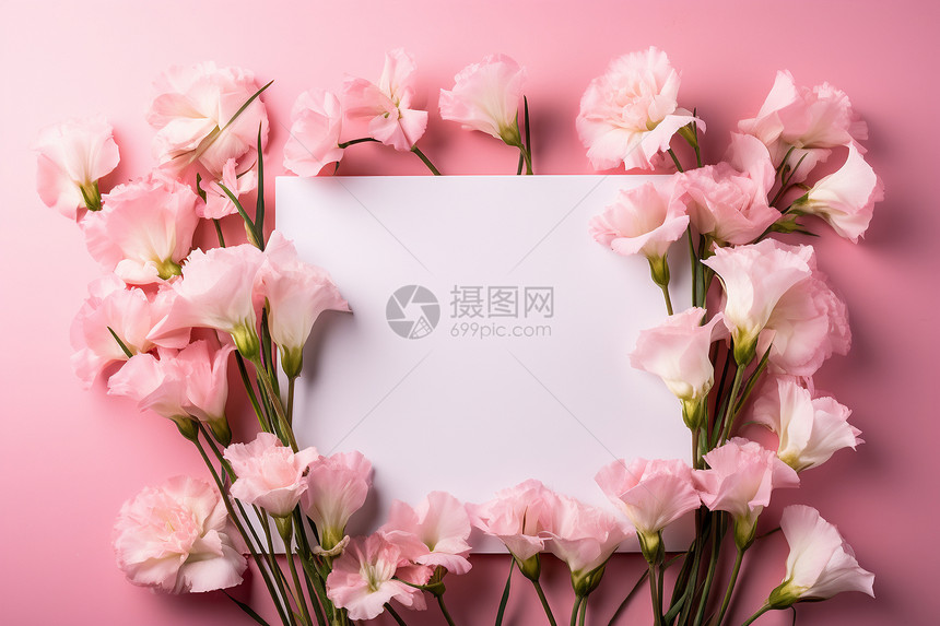 粉色花朵围绕的白纸图片