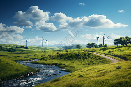 河流旁的风力发电机背景图片
