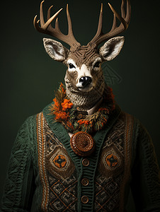 穿着针织绿色毛衣的角鹿背景图片