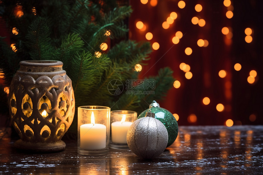 圣诞树旁的蜡烛图片