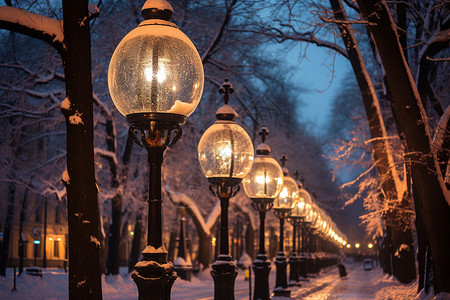 夜晚雪景下的街灯背景图片
