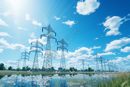 工业电力田野上的高压电塔插画