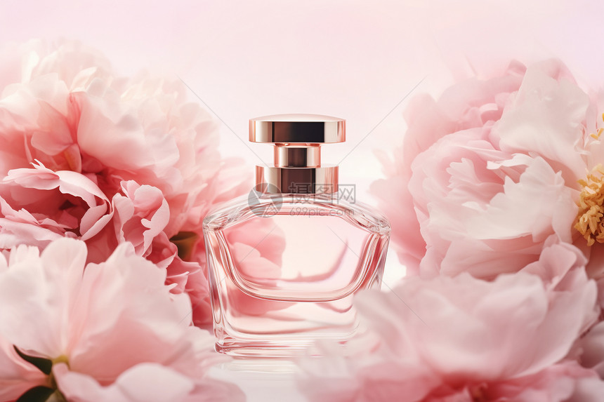 粉色花朵围绕的一瓶香水图片