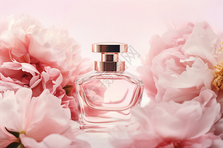 粉色花朵围绕的一瓶香水背景