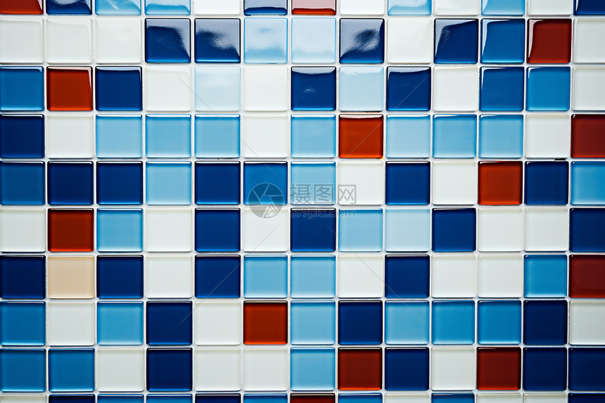 红蓝拼图的瓷砖墙壁图片