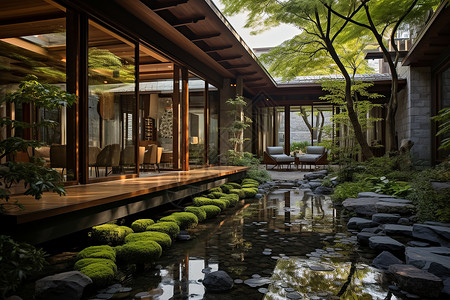 现代竹木庭院背景