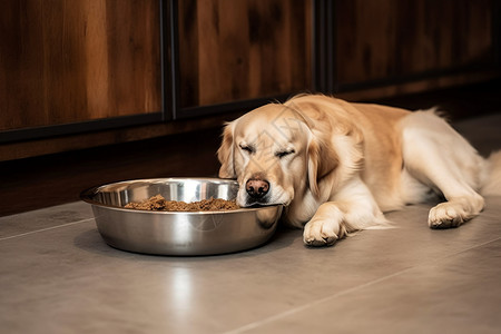 金毛犬在厨房里吃饭背景图片