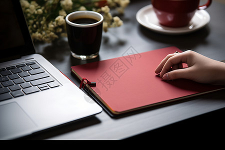 红色笔记本和一杯咖啡背景图片