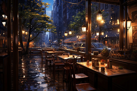 酒吧夜晚雨夜中的馆插画