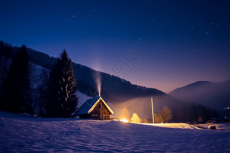 冬季雪夜雪夜山居的美丽景观背景