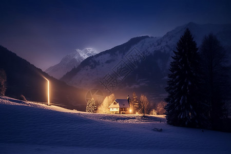 夜幕下的雪地小屋高清图片