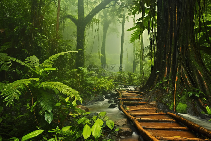 潮湿的丛林中的小桥图片