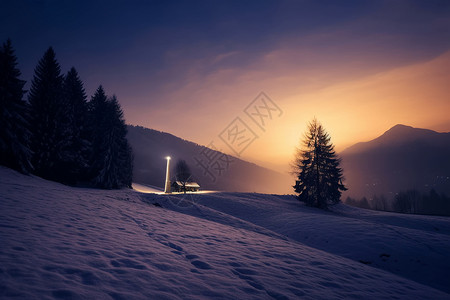 冬季白雪覆盖的山间小屋景观背景图片