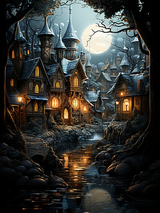 神秘森林中的城堡小镇背景图片