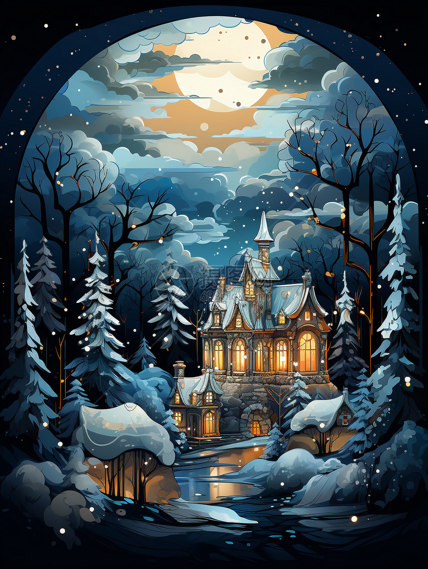 冬日奇幻的梦幻森林插图图片