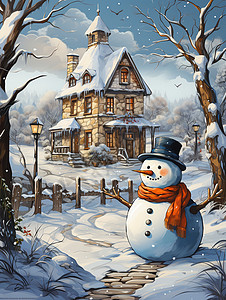 冬季乡村田野中的雪人背景图片
