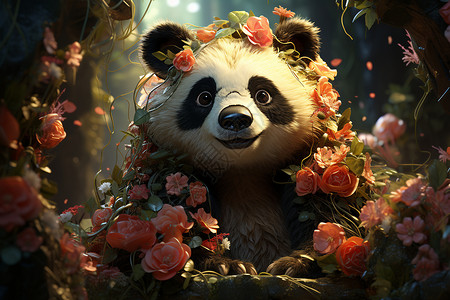 梦幻花海中的小熊猫插图背景图片