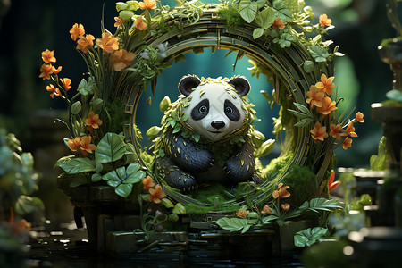 梦幻森林中的小熊猫插图背景图片