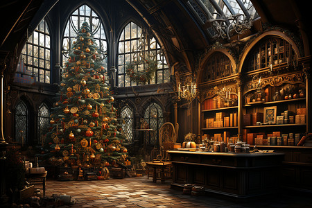 油画家居室内家居大型的圣诞树插图插画