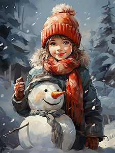 雪中萌娃与雪人背景图片