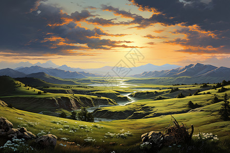 草原上的夕阳奇观背景图片
