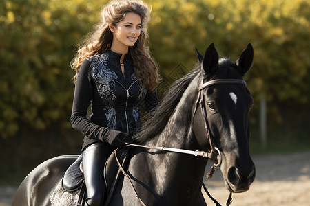 骑在黑马上的女孩背景图片