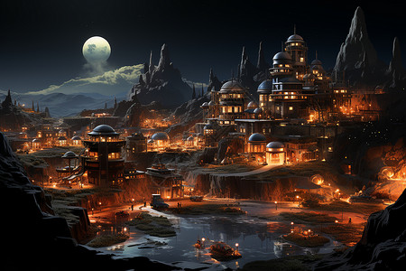 城市河畔夜晚之城巨月照耀河畔设计图片