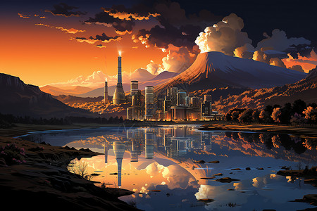 火山和工厂背景图片