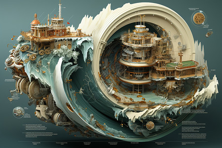 海浪包裹建筑设计背景图片