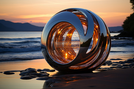 日落海岸的设计感球体背景图片