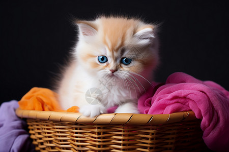 可爱的小猫咪坐在篮子里背景图片