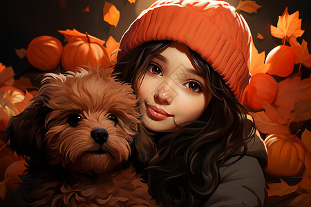 姑娘与秋天的狗背景图片