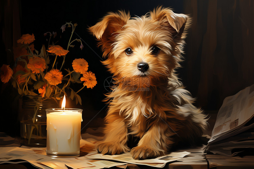 一只小狗坐在蜡烛旁图片