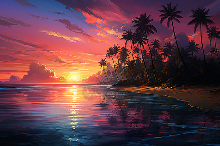 夕阳辉映的热带沙滩创意插图背景图片