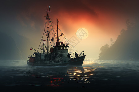 航行中船迷雾中船航的渔行插画