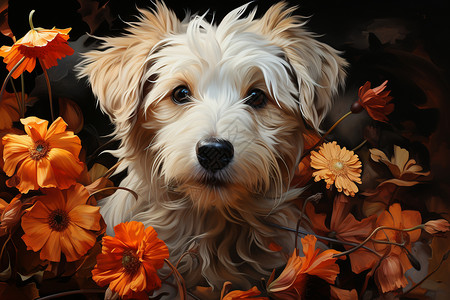 彩绘野花丛中的狗狗背景图片