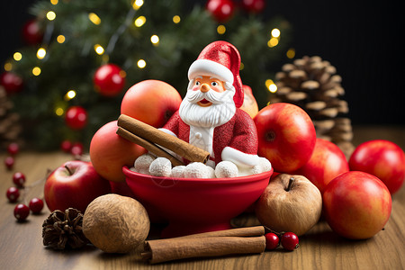 坐在红碗里的圣诞老人玩偶背景图片