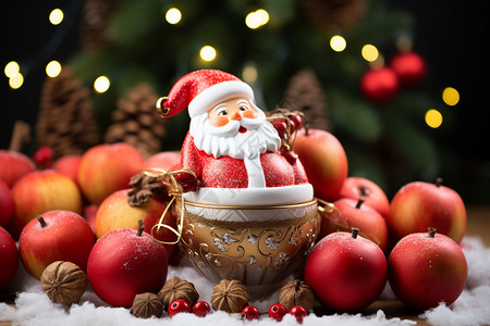 坐在装满苹果中的圣诞老人雕像高清图片