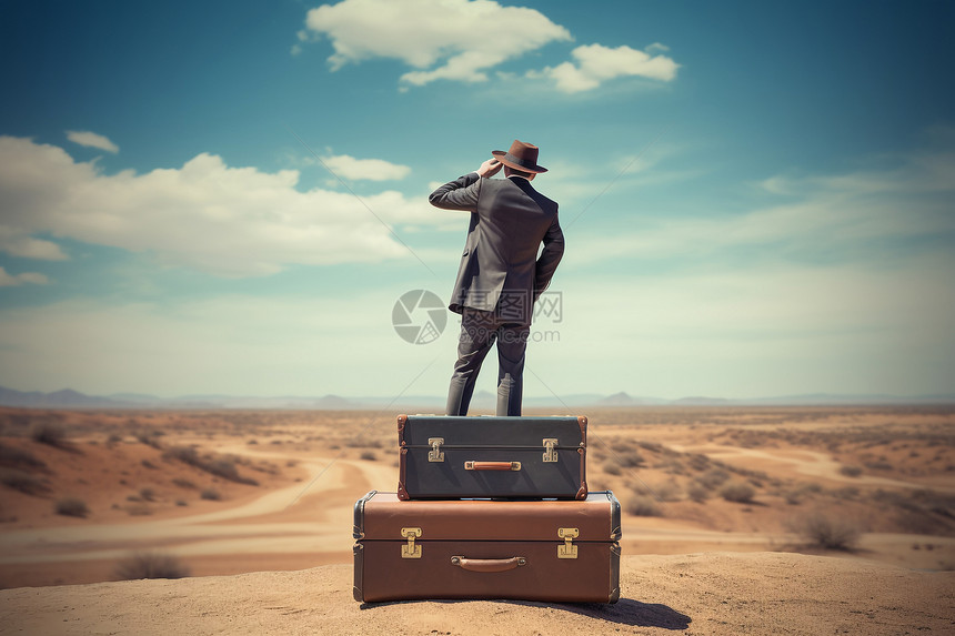 沙漠中拿着行李的男士图片