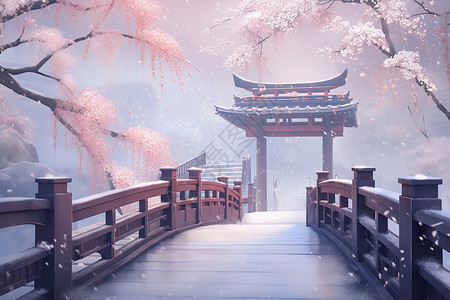 雪中桥上的美丽风景背景图片