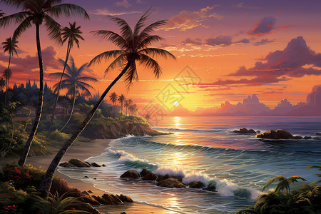 椰林沙滩美丽的海滩落日插画