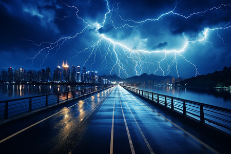 强势风暴城市上空电闪雷鸣背景