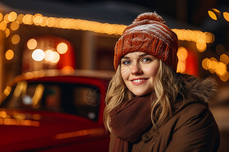 寒冬中的戴着帽子和围巾的女孩背景图片