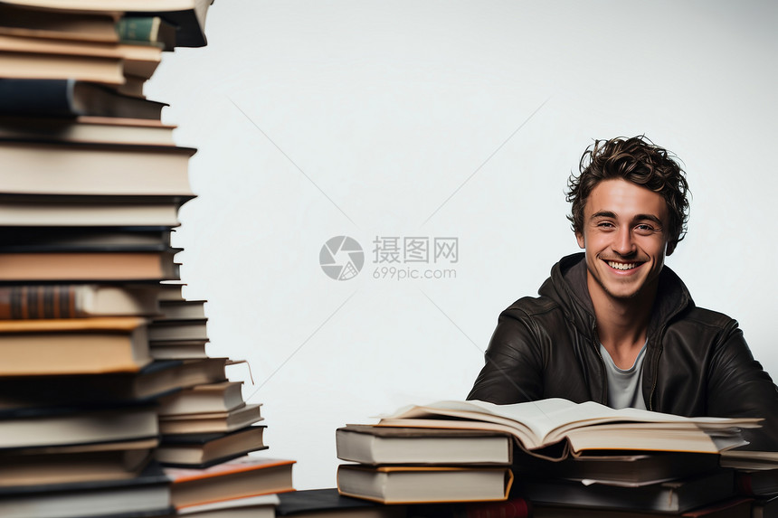 堆放书籍前开朗的男学生图片