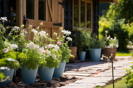夏季户外摆放的鲜花盆栽背景图片