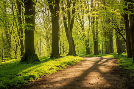 绿意盎然的森林小路背景图片