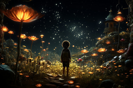 夜幕森林中迷失的小男孩背景图片