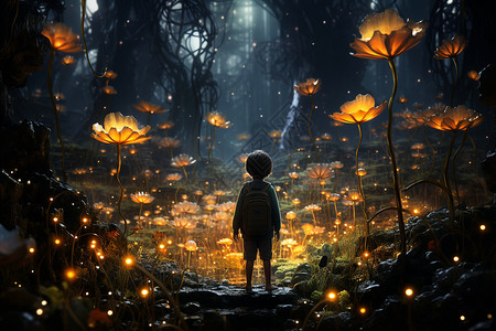 魔幻森林中的小男孩背景图片