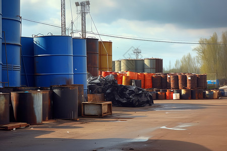 废品站废品回收站中的油桶背景